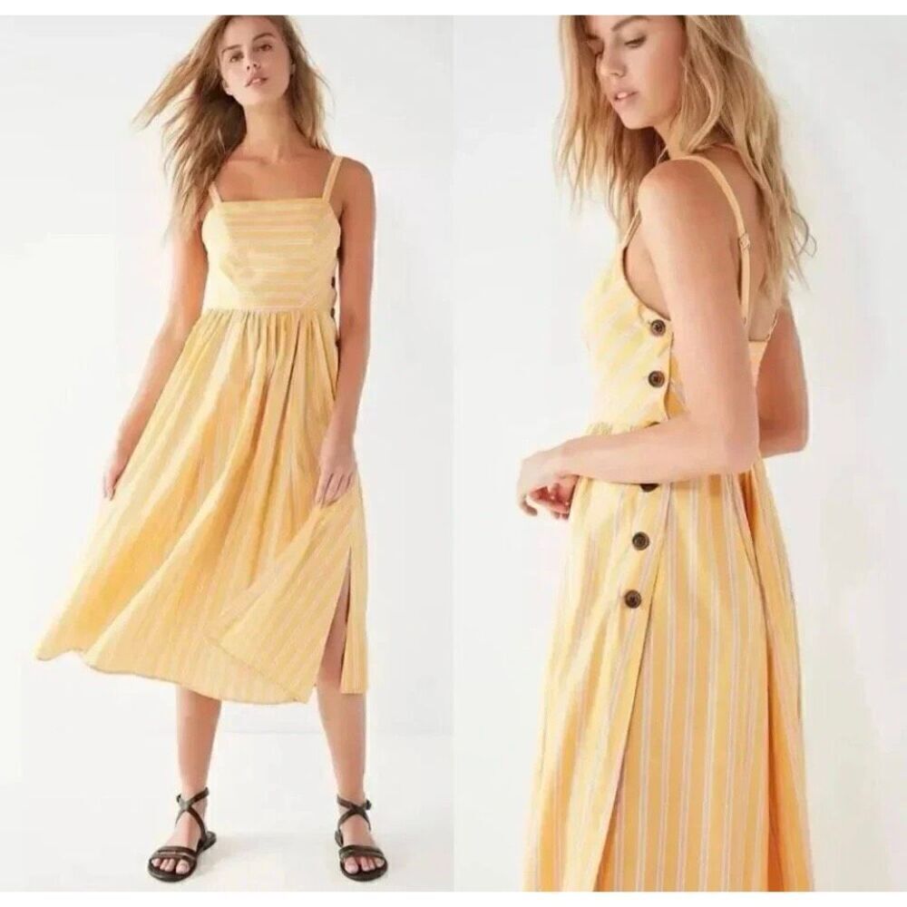 Urban outfitters Sun Dress Yellow, Scoop Neck Midi Side Button Cotton SZ L #2018